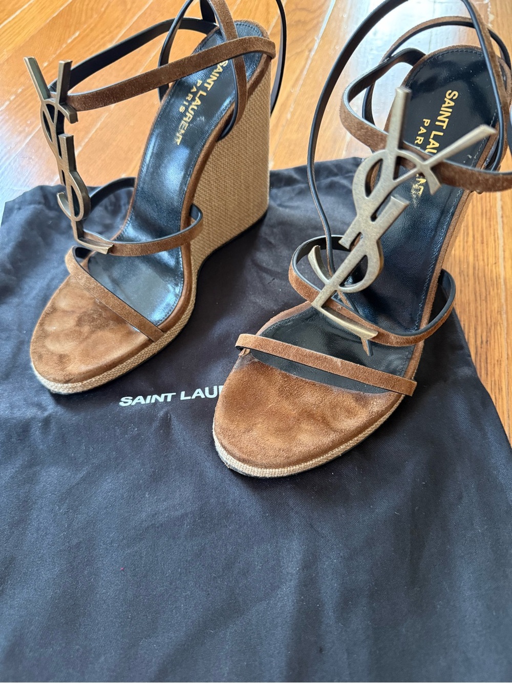 Saint Laurent Cassandra 105 Wedge Sandals Brown Suede Size 38 - Picture 8 of 11